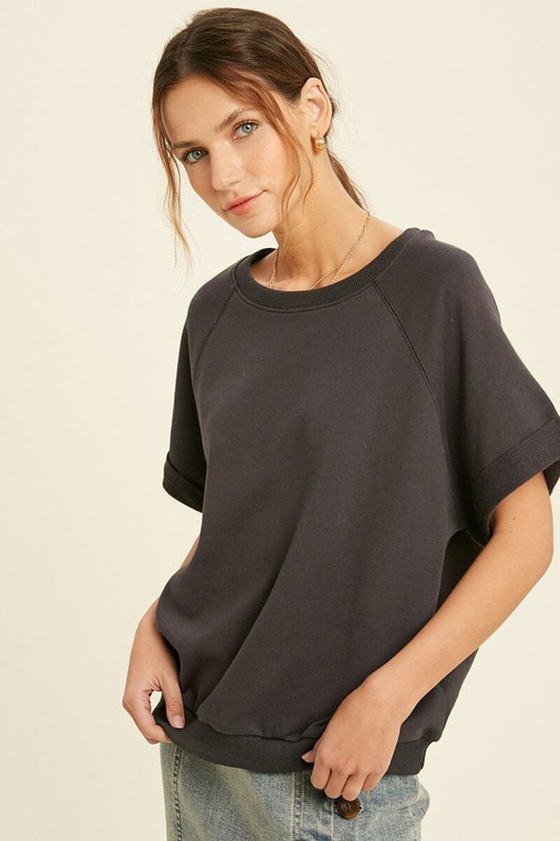 French Terry Raglan Top charcoal front | MILK MONEY milkmoney.co | A super loose fit trendy tops for women top featuring a fold cuff at sleeves and neck line, banded bottom.