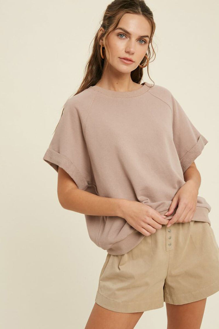 French Terry Raglan Top taupe front | MILK MONEY milkmoney.co | A super loose fit trendy tops for women top featuring a fold cuff at sleeves and neck line, banded bottom.