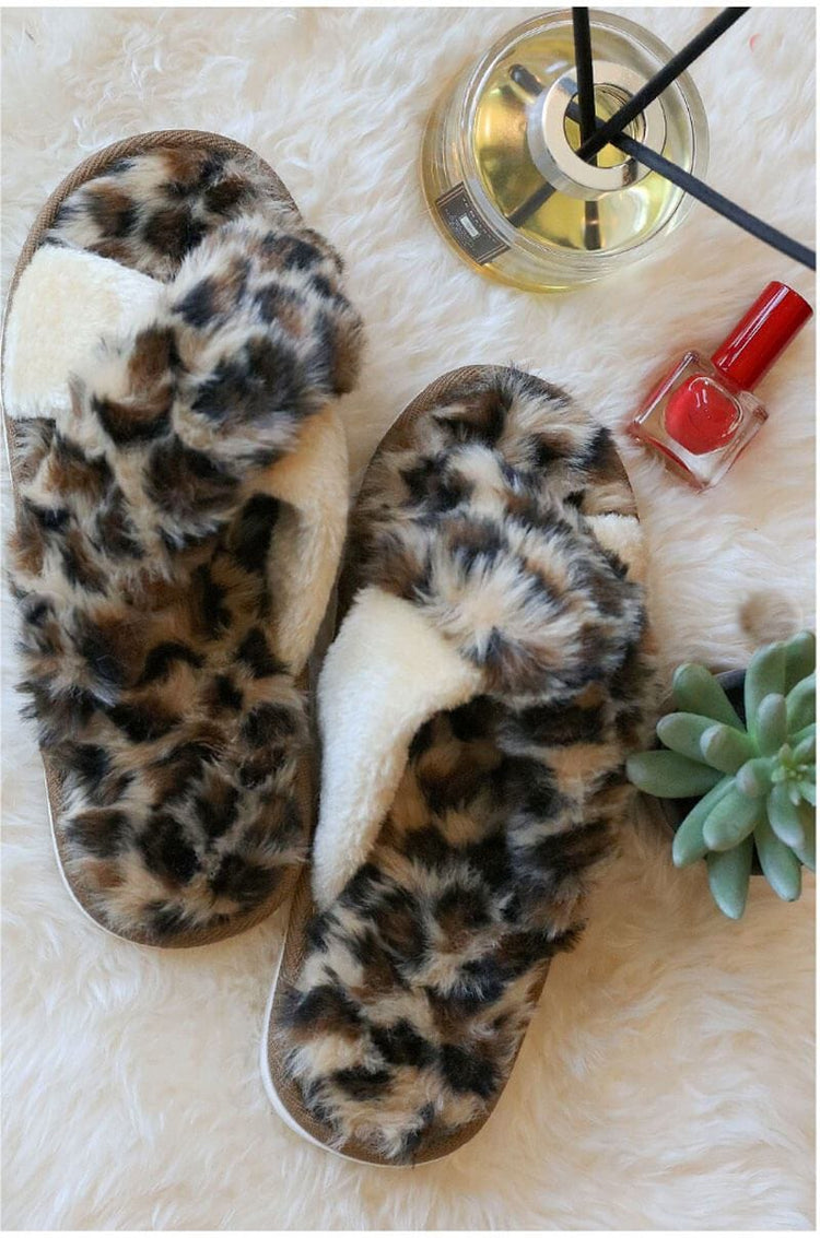 Fuzzy Cheetah Faux Fur Slippers brown MILK MONEY