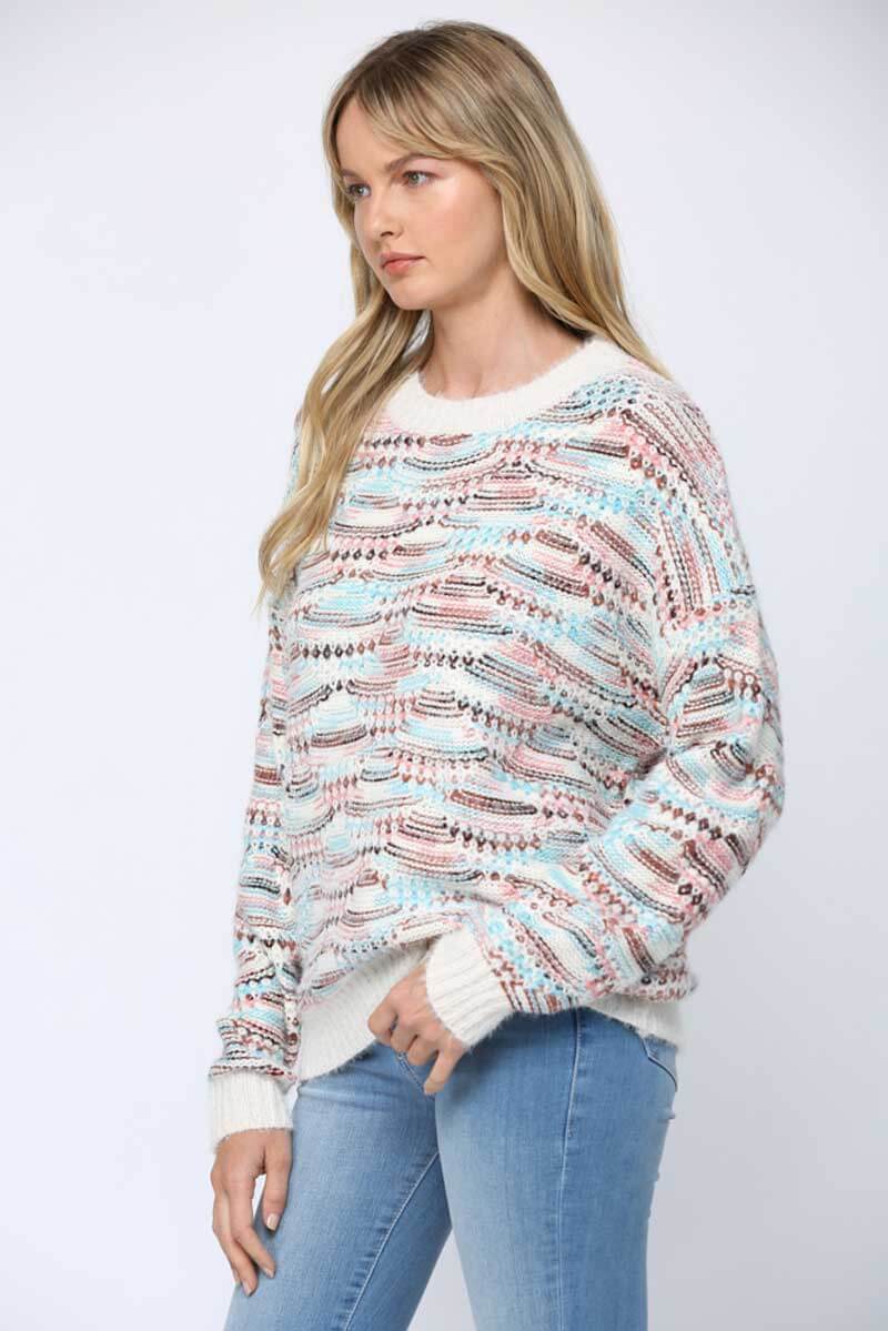 Fuzzy Crew Neck Pullover Sweater cream side | MILK MONEY milkmoney.co | cute sweaters for women. cute knit sweaters. cute pullover sweaters