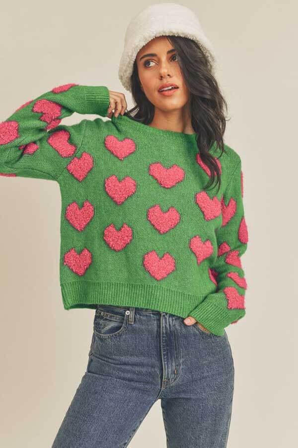 Fuzzy Heart Pullover green front | MILK MONEY milkmoney.co | cute clothes for women. womens online clothing. trendy online clothing stores. womens casual clothing online. trendy clothes online. trendy women's clothing online. ladies online clothing stores. trendy women's clothing stores. cute female clothes.