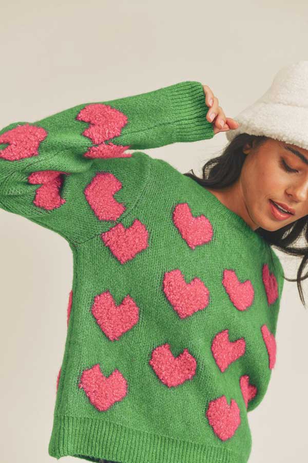 Fuzzy Heart Pullover green side| MILK MONEY milkmoney.co | cute clothes for women. womens online clothing. trendy online clothing stores. womens casual clothing online. trendy clothes online. trendy women's clothing online. ladies online clothing stores. trendy women's clothing stores. cute female clothes.