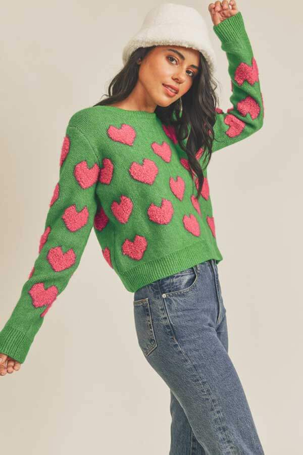 Fuzzy Heart Pullover green side | MILK MONEY milkmoney.co | cute clothes for women. womens online clothing. trendy online clothing stores. womens casual clothing online. trendy clothes online. trendy women's clothing online. ladies online clothing stores. trendy women's clothing stores. cute female clothes.