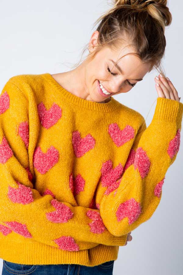 Fuzzy Heart Pullover mustard front | MILK MONEY milkmoney.co | cute clothes for women. womens online clothing. trendy online clothing stores. womens casual clothing online. trendy clothes online. trendy women's clothing online. ladies online clothing stores. trendy women's clothing stores. cute female clothes.