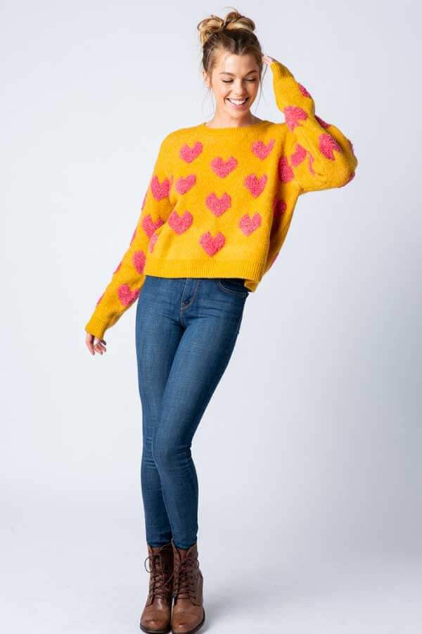 Fuzzy Heart Pullover mustard front | MILK MONEY milkmoney.co | cute clothes for women. womens online clothing. trendy online clothing stores. womens casual clothing online. trendy clothes online. trendy women's clothing online. ladies online clothing stores. trendy women's clothing stores. cute female clothes.