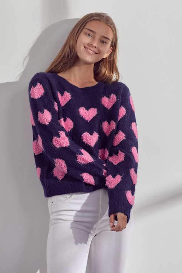 Fuzzy Heart Pullover  navy front  | MILK MONEY milkmoney.co | cute clothes for women. womens online clothing. trendy online clothing stores. womens casual clothing online. trendy clothes online. trendy women's clothing online. ladies online clothing stores. trendy women's clothing stores. cute female clothes.