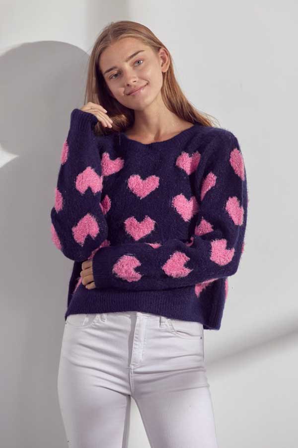 Fuzzy Heart Pullover navy front | MILK MONEY milkmoney.co | cute clothes for women. womens online clothing. trendy online clothing stores. womens casual clothing online. trendy clothes online. trendy women's clothing online. ladies online clothing stores. trendy women's clothing stores. cute female clothes.