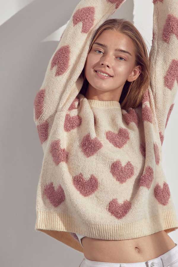 Fuzzy Heart Pullover taupe front | MILK MONEY milkmoney.co | cute clothes for women. womens online clothing. trendy online clothing stores. womens casual clothing online. trendy clothes online. trendy women's clothing online. ladies online clothing stores. trendy women's clothing stores. cute female clothes.