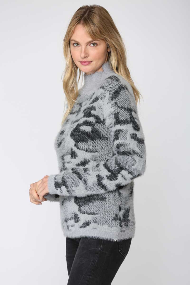Fuzzy Leopard Knit Pullover Sweater grey side | MILK MONEY milkmoney.co | cute sweaters for women. cute knit sweaters. cute pullover sweaters