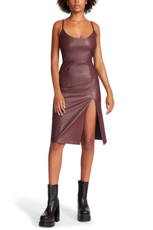 Steve Madden Giselle Faux Leather Sheath Dress brown front | MILK MONEY milkmoney.co | cute clothes for women. womens online clothing. trendy online clothing stores. womens casual clothing online. trendy clothes online. trendy women's clothing online. ladies online clothing stores. trendy women's clothing stores. cute female clothes.