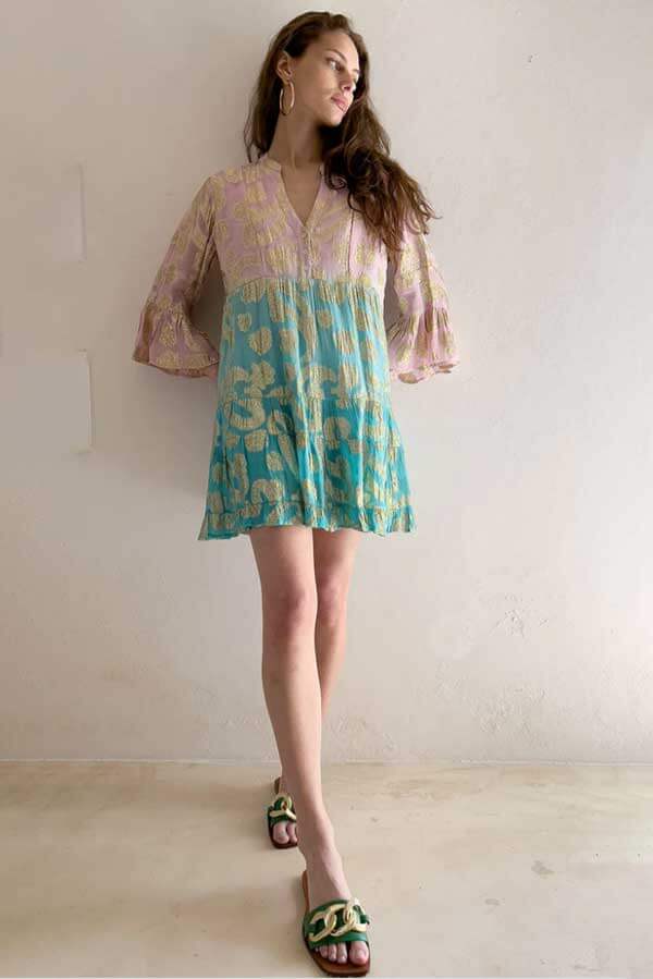 Gold Foil Paisley Tunic Dress pink teal front | MILK MONEY milkmoney.co | cute clothes for women. womens online clothing. trendy online clothing stores. womens casual clothing online. trendy clothes online. trendy women's clothing online. ladies online clothing stores. trendy women's clothing stores. cute female clothes.