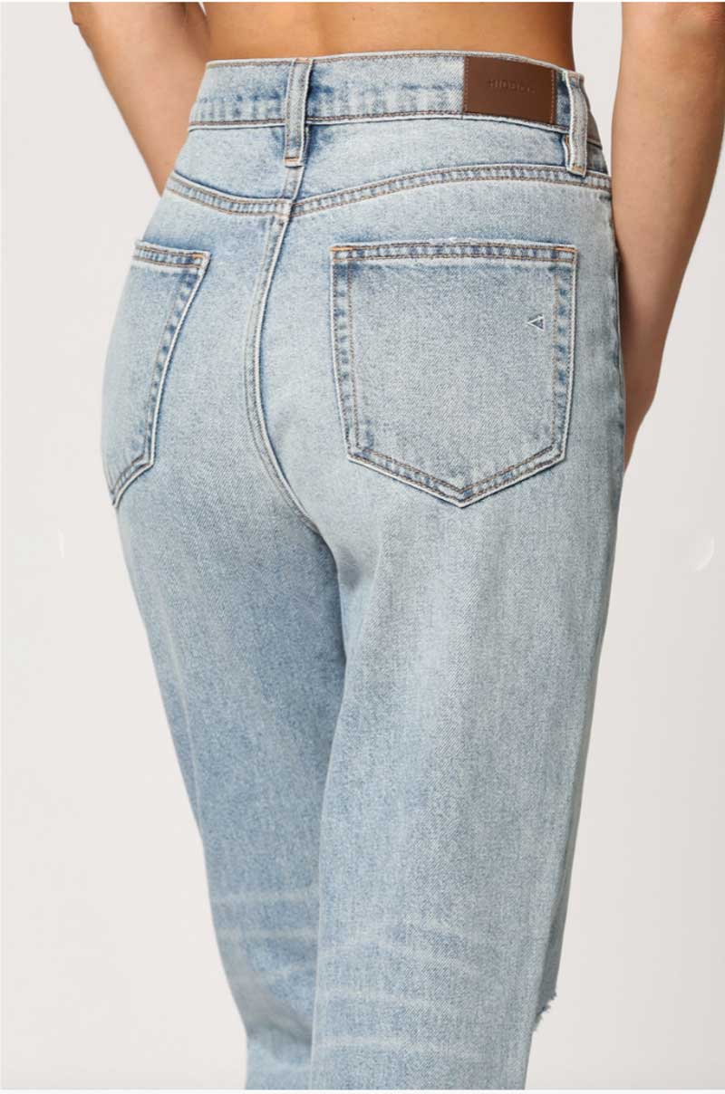 HIDDEN Light Wash Distressed High Waist Straight Jean lt wash back detail | MILK MONEY milkmoney.co| jeans for women. blue jeans for women. trendy jeans. denim jeans for women. cute jeans for women. womens denim.