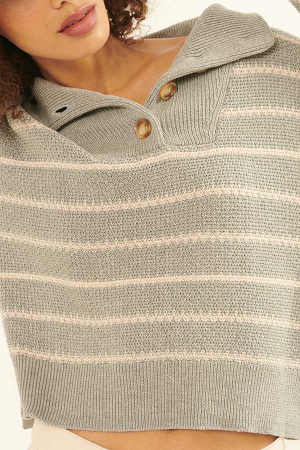 Half-Button Striped Knit Sweater