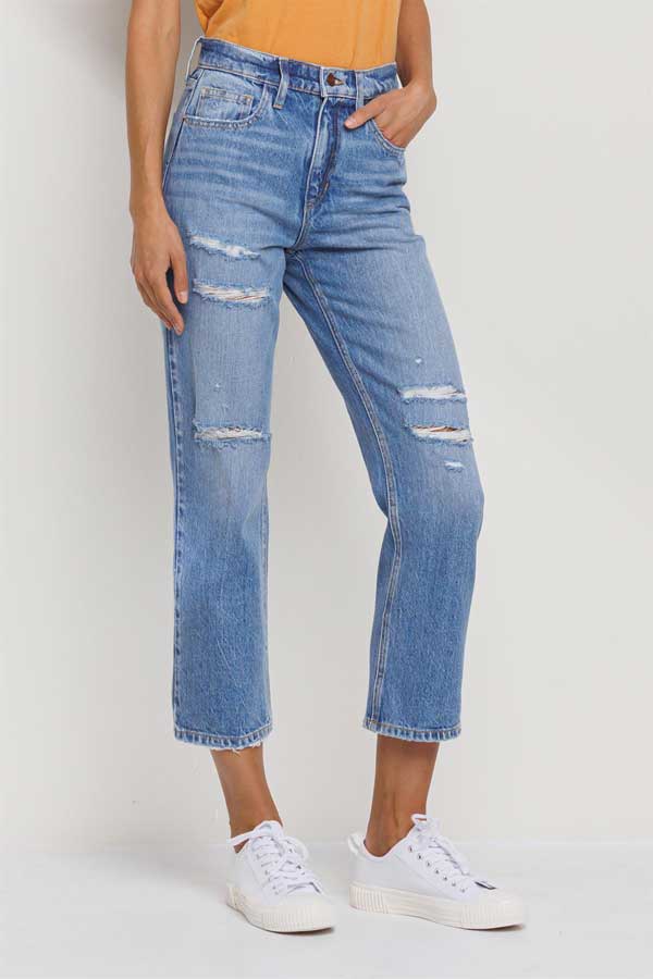 High Rise Slim Straight Cropped Jeans blue side | MILK MONEY milkmoney.co | cute clothes for women. womens online clothing. trendy online clothing stores. womens casual clothing online. trendy clothes online. trendy women's clothing online. ladies online clothing stores. trendy women's clothing stores. cute female clothes.