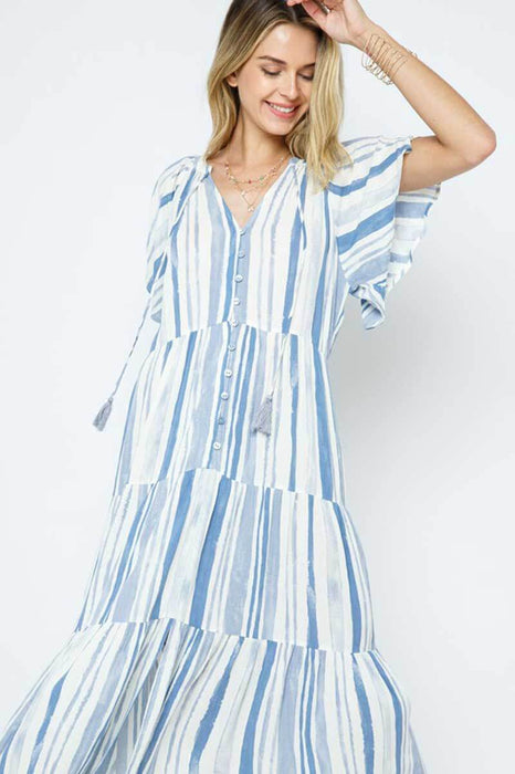 Island Print Tiered Long Dress blue front | MILK MONEY milkmoney.co | cute dresses for women. pretty dresses for women. cute dresses online. 