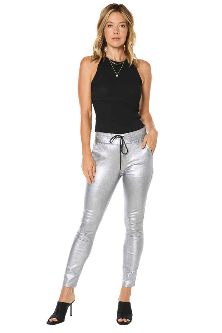 Bright Pink Metallic Look Coated Flare Jeans