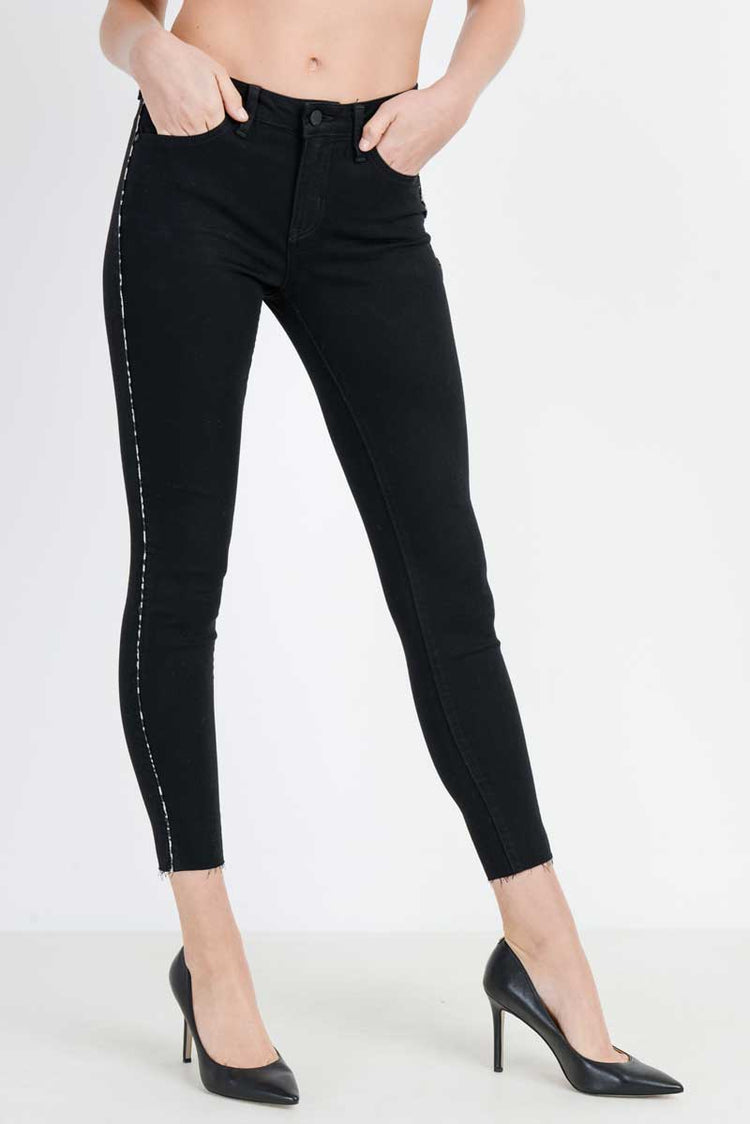 Just Black Denim Hi Rise Leopard Piping Skinny Jeans black front | MILK MONEY milkmoney.co | cute pants for women. cute trendy pants. 