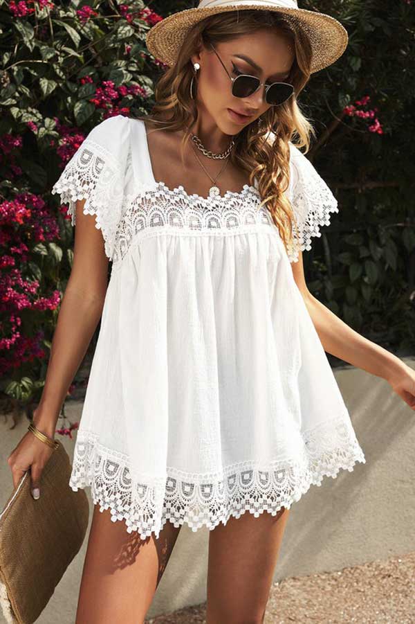 Lace Pom Pom Splicing Square Neck Blouse white front | MILK MONEY milkmoney.co | cute clothes for women. womens online clothing. trendy online clothing stores. womens casual clothing online. trendy clothes online. trendy women's clothing online. ladies online clothing stores. trendy women's clothing stores. cute female clothes.