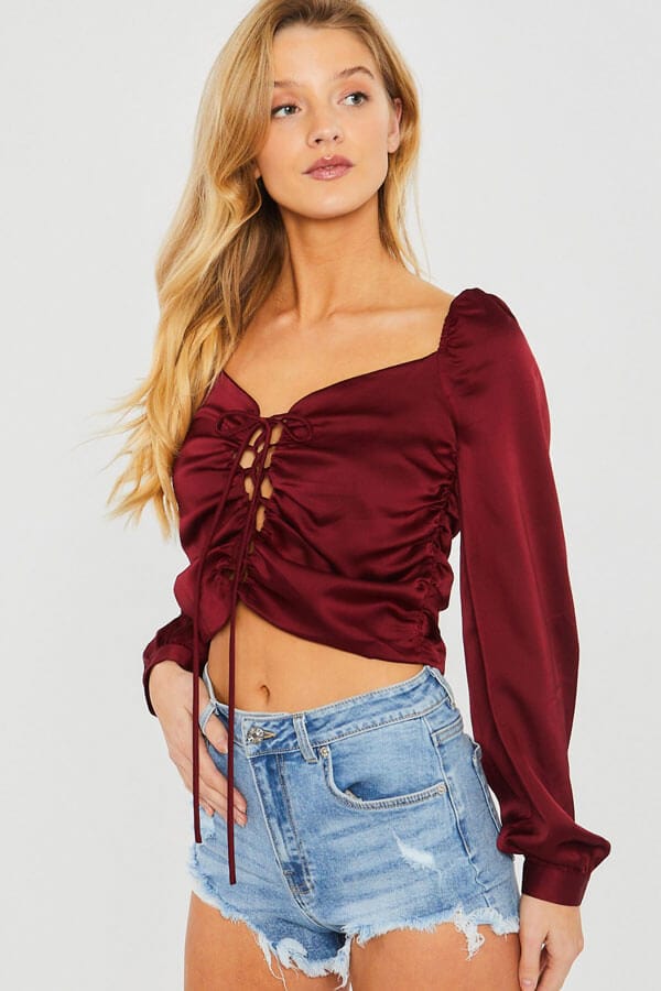 Lace Up Front Crop Top cherry side | MILK MONEY milkmoney.co | cute clothes for women. womens online clothing. trendy online clothing stores. womens casual clothing online. trendy clothes online. trendy women's clothing online. ladies online clothing stores. trendy women's clothing stores. cute female clothes.