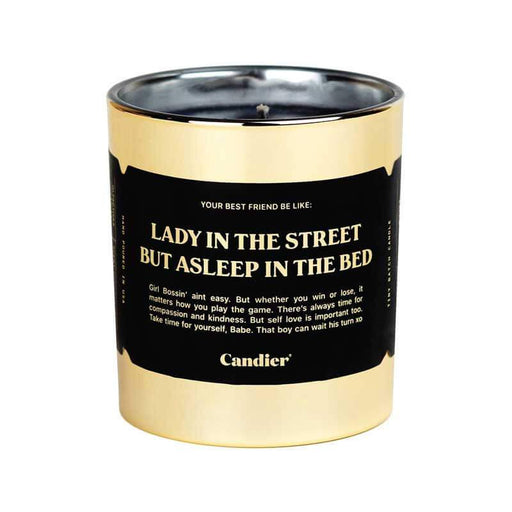 Lady In The Streets Candle by Candier gold front | MILK MONEY milkmoney.co | soy wax candles. small candles. natural candles. organic candles. scented soy candles. concrete candle. hand poured candles. hand poured soy candles. cement candle. hand poured soy wax candles. scented hand poured candles. hand poured scented candles.