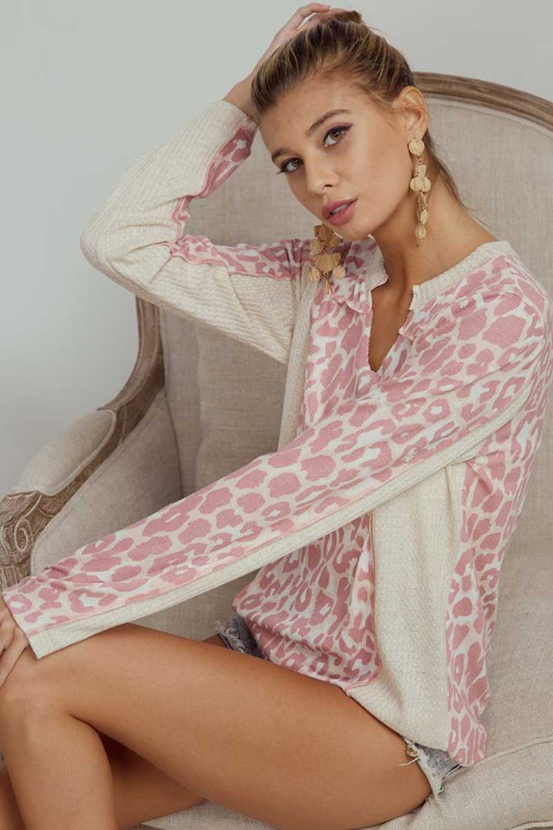 Leopard Thermal Knit Top pink side | MILK MONEY milkmoney.co | cute clothes for women. womens online clothing. trendy online clothing stores. womens casual clothing online. trendy clothes online. trendy women's clothing online. ladies online clothing stores. trendy women's clothing stores. cute female clothes.