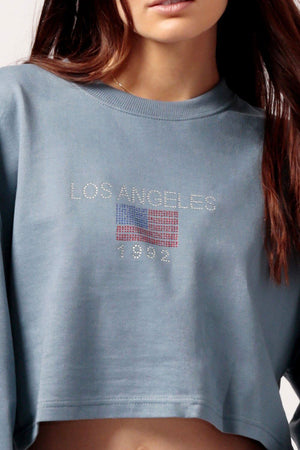MILK MONEY Women's Cropped LA Sweatshirt Blue close up 