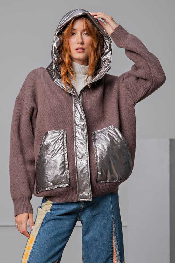 Metallic & Knit Sweater Jacket grey front | MILK MONEY milkmoney.co | cute jackets for women. cute coats. cool jackets for women. stylish jackets for women. trendy jackets for women. trendy womens coats.