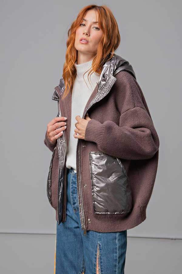 Metallic & Knit Sweater Jacket grey front | MILK MONEY milkmoney.co | cute jackets for women. cute coats. cool jackets for women. stylish jackets for women. trendy jackets for women. trendy womens coats.