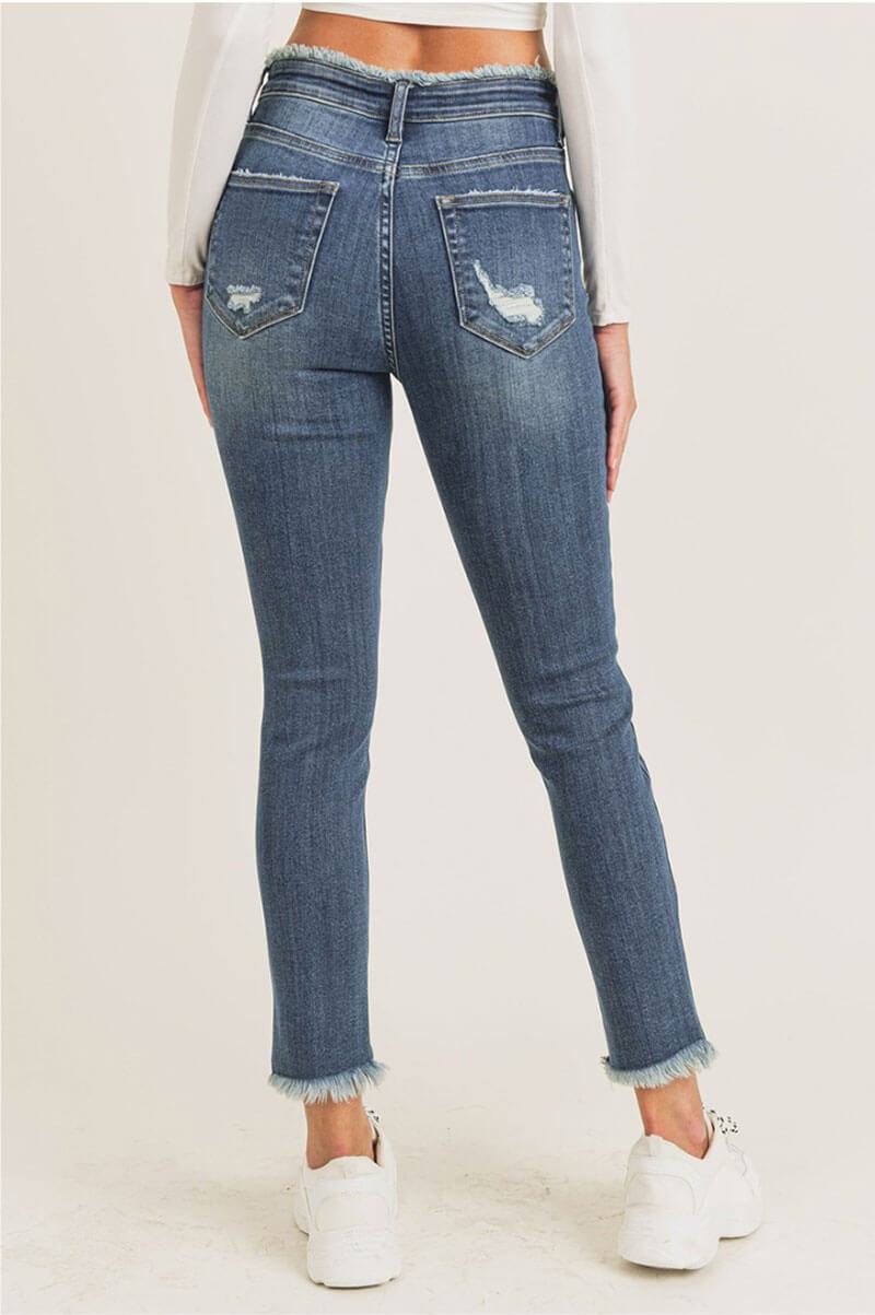 Mid Rise Skinny Frayed Waist Jeans blue back MILK MONEY