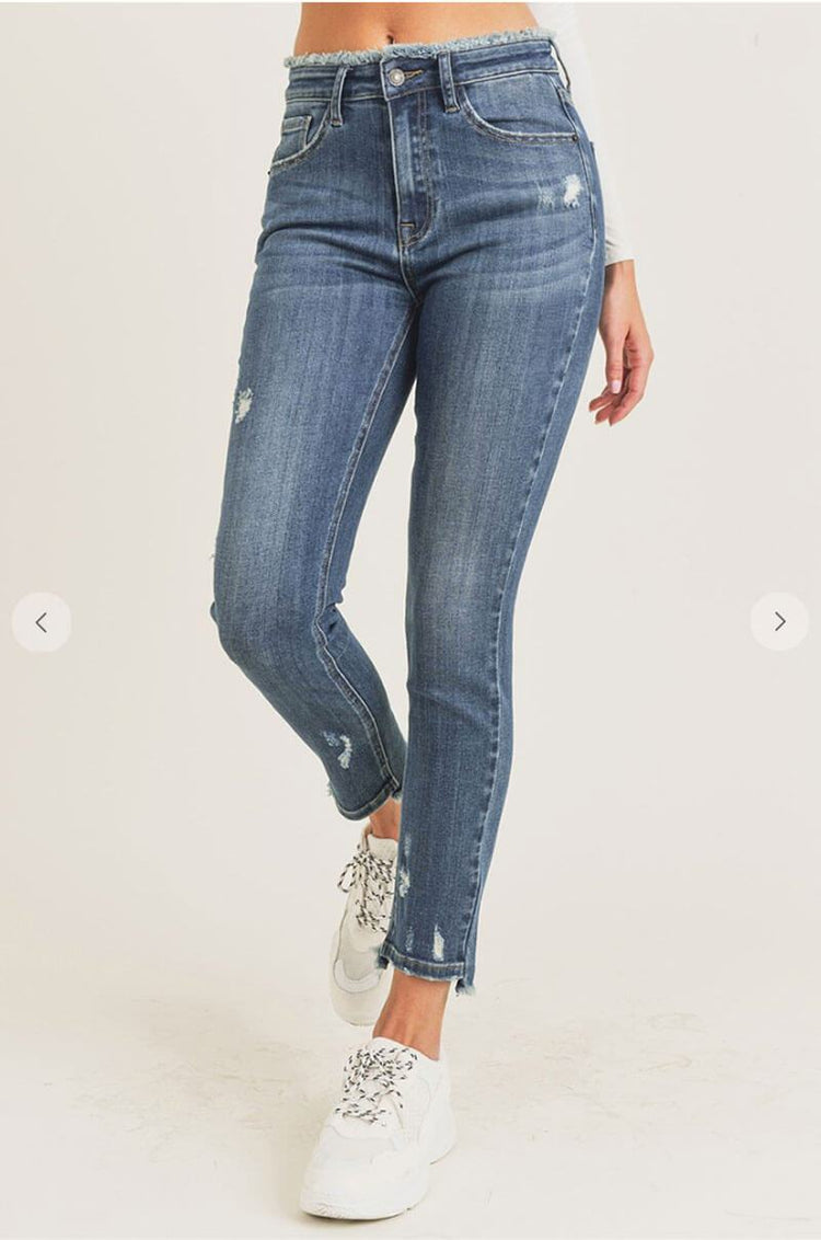 Mid Rise Skinny Frayed Waist Jeans blue front MILK MONEY