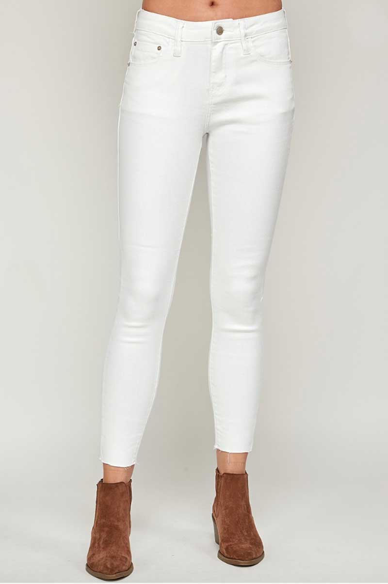Mid Rise White Raw Hem Classic Skinny Jeans front | MILK MONEY milkmoney.co | cute clothes for women. womens online clothing. trendy online clothing stores. womens casual clothing online. trendy clothes online. trendy women's clothing online. ladies online clothing stores. trendy women's clothing stores. cute female clothes.