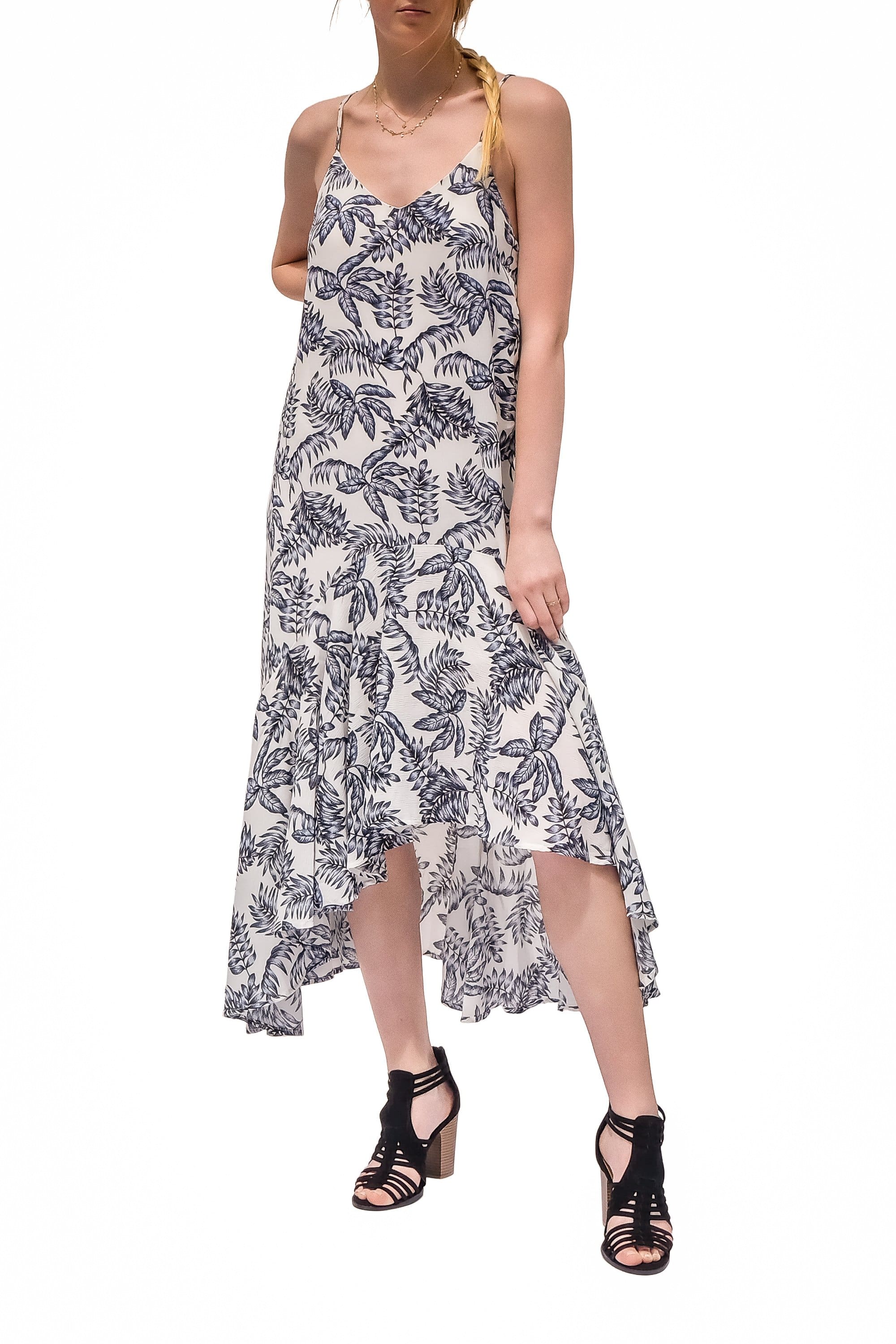 Hayley Blue Leaf Print Dress White - MILK MONEY