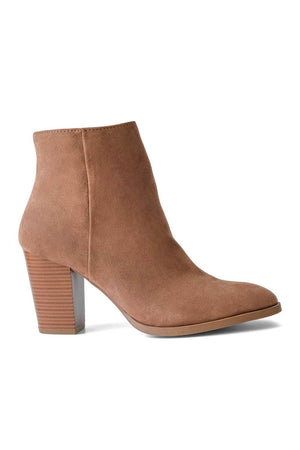 Suede Heel Bootie brown side | MILK MONEY milkmoney.co | cute shoes for women. ladies shoes. nice shoes for women. ladies shoes online. ladies footwear. womens shoes and boots. pretty shoes for women. beautiful shoes for women.