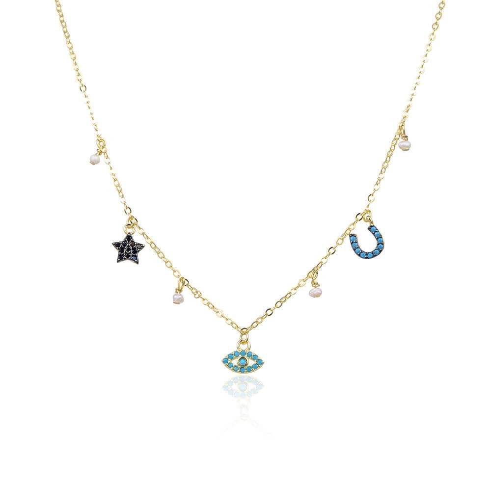 Multi Charm Pavé Necklace  Gold with Pearl - MILK MONEY
