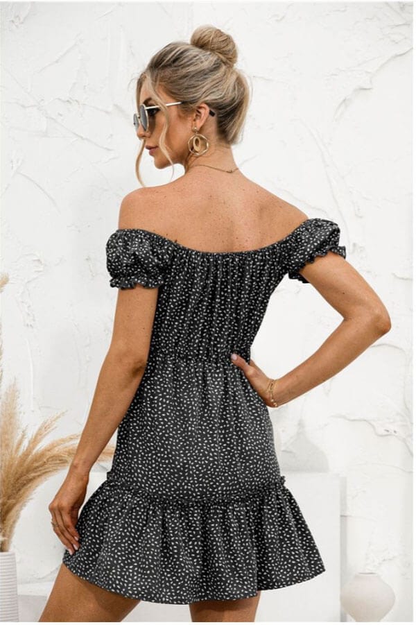 Off Shoulder Ruffle Dress black back | MILK MONEY milkmoney.co | cute clothes for women. womens online clothing. trendy online clothing stores. womens casual clothing online. trendy clothes online. trendy women's clothing online. ladies online clothing stores. trendy women's clothing stores. cute female clothes.