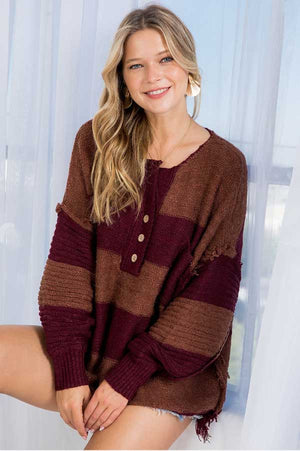 Oversized Striped Henley Sweater mocha front | MILK MONEY milkmoney.co | cute sweaters for women. cute knit sweaters. cute pullover sweaters