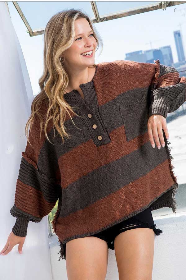 Oversized Striped Henley Sweater olive front | MILK MONEY milkmoney.co | cute sweaters for women. cute knit sweaters. cute pullover sweaters