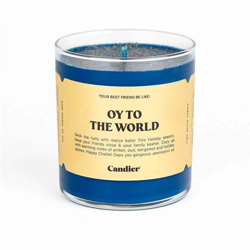 Oy To The World Candle by Candier blue front | MILK MONEY milkmoney.co | soy wax candles. small candles. natural candles. organic candles. scented soy candles. concrete candle. hand poured candles. hand poured soy candles. cement candle. hand poured soy wax candles. scented hand poured candles. hand poured scented candles.