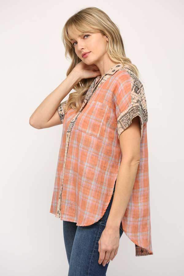 Plaid Paisley Print Long Shirt orange side | MILK MONEY milkmoney.co | cute tops for women. trendy tops for women. cute blouses for women. stylish tops for women. pretty womens tops.