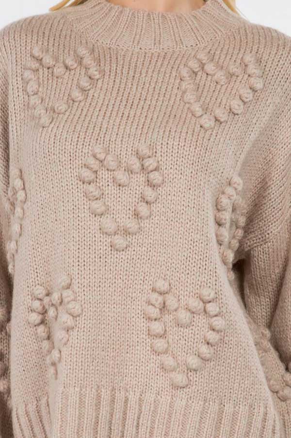 Pom Pom Hearts Sweater taupe front detail | MILK MONEY milkmoney.co | cute sweaters for women. cute knit sweaters. cute pullover sweaters