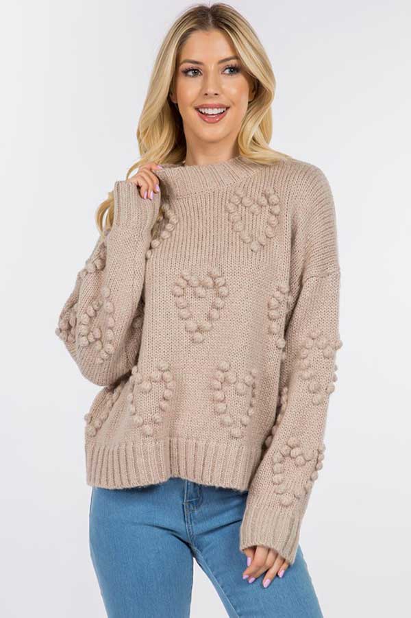 Pom Pom Hearts Sweater taupe front | MILK MONEY milkmoney.co | cute sweaters for women. cute knit sweaters. cute pullover sweaters