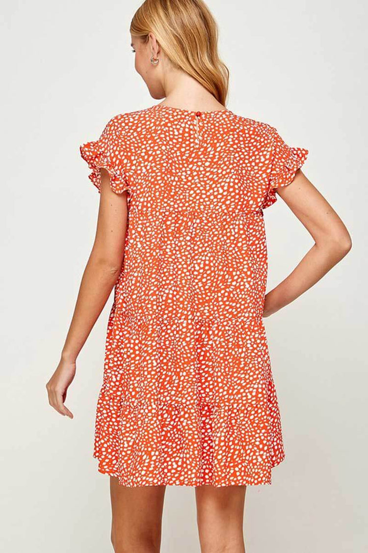 Printed Ruffled Short Sleeves Mini Dress orange back | MILK MONEY milkmoney.co | cute clothes for women. womens online clothing. trendy online clothing stores. womens casual clothing online. trendy clothes online. trendy women's clothing online. ladies online clothing stores. trendy women's clothing stores. cute female clothes.