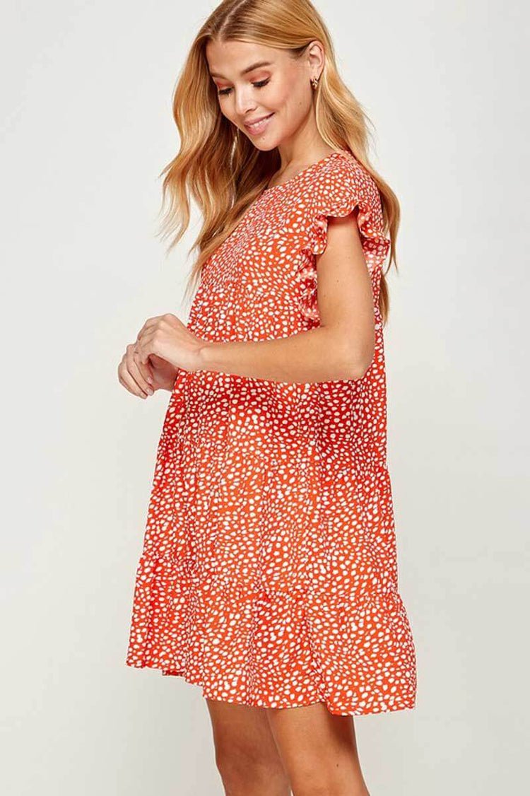 Printed Ruffled Short Sleeves Mini Dress orange side | MILK MONEY milkmoney.co | cute clothes for women. womens online clothing. trendy online clothing stores. womens casual clothing online. trendy clothes online. trendy women's clothing online. ladies online clothing stores. trendy women's clothing stores. cute female clothes.