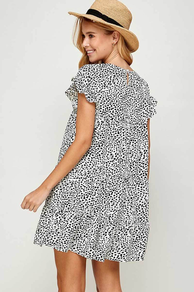 Printed Ruffled Short Sleeves Mini Dress white front | MILK MONEY milkmoney.co | cute clothes for women. womens online clothing. trendy online clothing stores. womens casual clothing online. trendy clothes online. trendy women's clothing online. ladies online clothing stores. trendy women's clothing stores. cute female clothes.