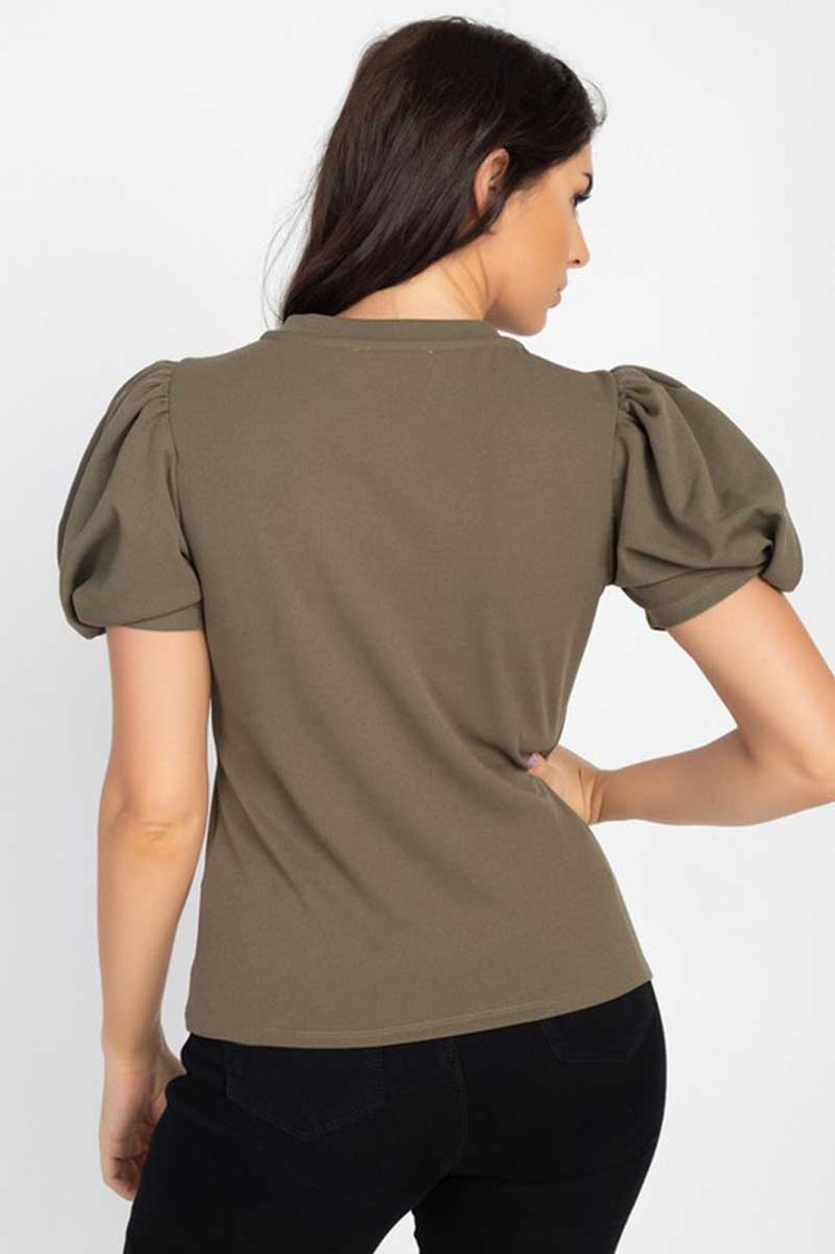 Puff Short Sleeve Crew Neck Top olive back  | MILK MONEY milkmoney.co | cute clothes for women. womens online clothing. trendy online clothing stores. womens casual clothing online. trendy clothes online. trendy women's clothing online. ladies online clothing stores. trendy women's clothing stores. cute female clothes.