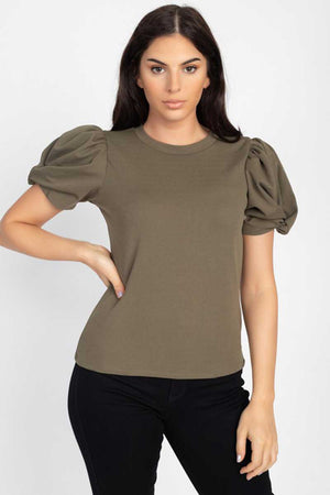 Puff Short Sleeve Crew Neck Top front olive | MILK MONEY milkmoney.co | cute clothes for women. womens online clothing. trendy online clothing stores. womens casual clothing online. trendy clothes online. trendy women's clothing online. ladies online clothing stores. trendy women's clothing stores. cute female clothes.