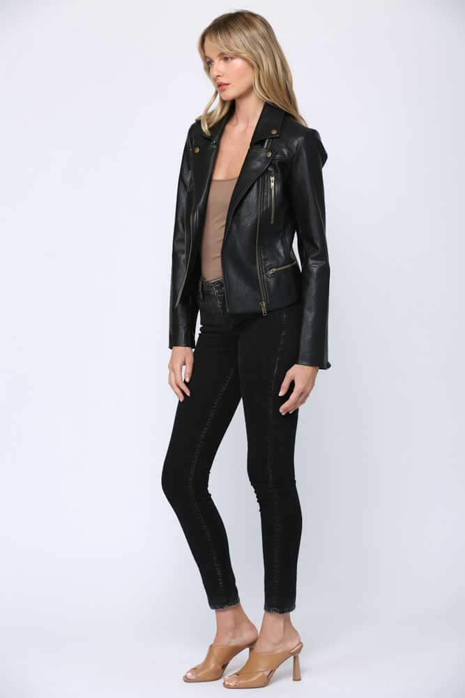 Quilted Shoulder Faux Leather Biker Jacket black side full | MILK MONEY milkmoney.co | cute clothes for women. womens online clothing. trendy online clothing stores. womens casual clothing online. trendy clothes online. trendy women's clothing online. ladies online clothing stores. trendy women's clothing stores. cute female clothes.