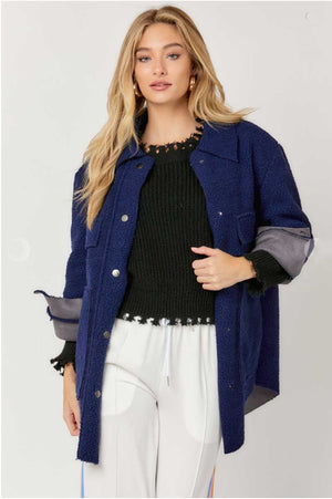 Reversible Button Down Shacket front blue | MILK MONEY milkmoney.co | cute jackets for women. cute coats. cool jackets for women. stylish jackets for women. trendy jackets for women. trendy womens coats.
