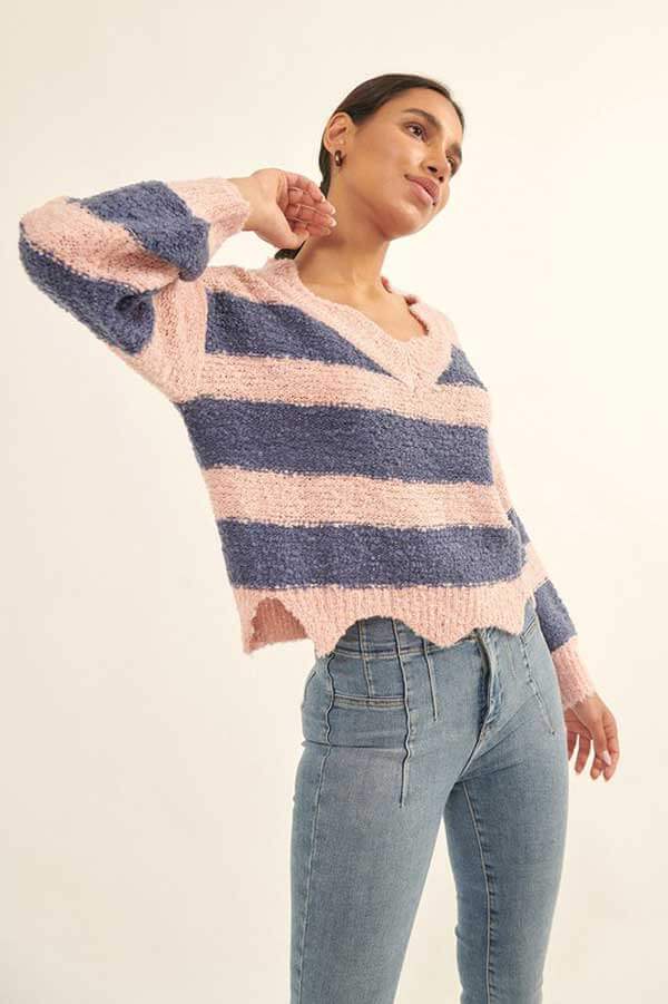 Rib Knit Striped Bishop Sleeve Sweater pink front | MILK MONEY milkmoney.co | cute sweaters for women. cute knit sweaters. cute pullover sweaters