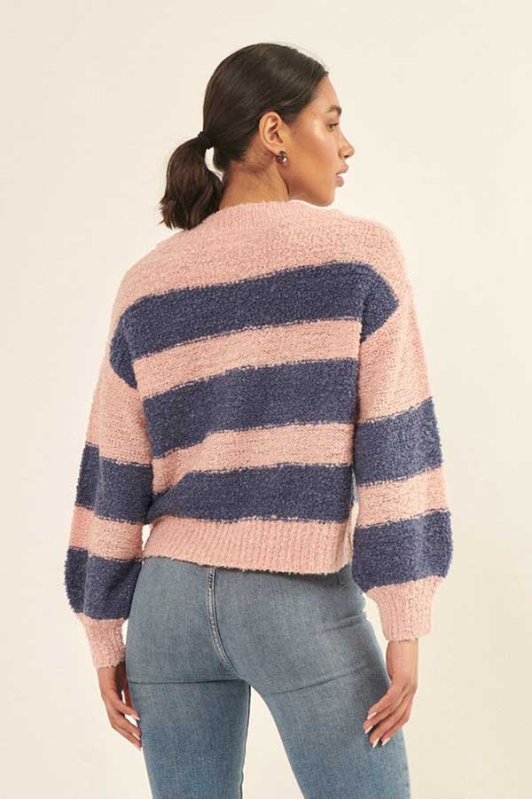 Rib Knit Striped Bishop Sleeve Sweater pink back | MILK MONEY milkmoney.co | cute sweaters for women. cute knit sweaters. cute pullover sweaters